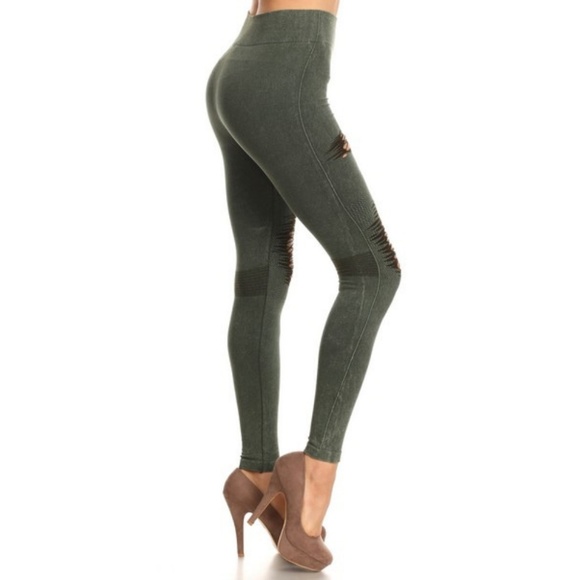 Lady's Distressed Vintage Washed Leggings A Green - Picture 2 of 5